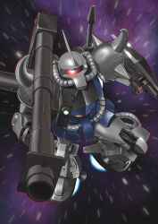 Rule 34 | absurdres, bazooka (gundam), flying, full body, glowing, glowing eye, gouf, gundam, highres, holding, holding rocket launcher, holding weapon, looking at viewer, mecha, mobile suit gundam, no humans, one-eyed, primate nemesis, robot, rocket launcher, shield, space, weapon, zeon