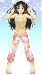 Rule 34 | 1girl, :d, black hair, breasts, capri pants, floral print, full body, hair ornament, hair scrunchie, mary janes, no socks, open mouth, original, pants, patterned legwear, scrunchie, see-through, shoes, smile, solo, tsuka (tsuka0808), two side up