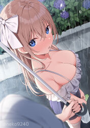 Rule 34 | 1girl, bag, blue eyes, blue skirt, blush, bow, breasts, bush, cleavage, collarbone, commentary request, crossed bangs, flower, frilled shirt, frills, hair between eyes, hair bow, holding, holding bag, holding umbrella, hydrangea, large breasts, light brown hair, long hair, looking at viewer, nekokobushi, off-shoulder shirt, off shoulder, original, outdoors, paid reward available, parted lips, perspective, plastic bag, pleated skirt, pov, purple flower, rain, shared umbrella, shirt, sidewalk, skirt, solo focus, spring onion, standing, thighhighs, twitter username, umbrella, white bow, white shirt, white thighhighs, zettai ryouiki