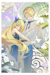 Rule 34 | 1boy, 1girl, alfred (fire emblem), alternate costume, blonde hair, blue choker, blue dress, blue nails, brother and sister, butterfly hair ornament, celine (fire emblem), choker, dress, earrings, fire emblem, fire emblem engage, flower, green eyes, hair ornament, highres, jewelry, long hair, nail polish, nintendo, purple flower, siblings, very long hair, white flower, xun 32
