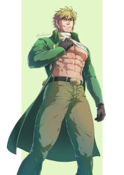 Rule 34 | 1boy, abs, artist name, bara, belt, blonde hair, coat, creatures (company), evinist, game freak, gloves, highres, large pectorals, looking at viewer, male focus, mature male, muscular, muscular male, nintendo, nipples, palmer (pokemon), pants, pectoral cleavage, pectorals, pokemon, pokemon dppt, smile, tight clothes, underpec