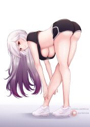 Rule 34 | 1girl, absurdres, ass, ataririri, bare arms, bare legs, bent over, black shirt, black shorts, breasts, closed mouth, crop top, crop top overhang, dolphin shorts, from behind, gradient hair, highres, indie virtual youtuber, large breasts, legs, long hair, looking at viewer, looking back, midriff, mizuz, multicolored hair, nike (company), no bra, red eyes, shirt, shoes, short shorts, short sleeves, shorts, simple background, smile, sneakers, solo, thighs, underboob, very long hair, virtual youtuber, white background, white footwear, white hair