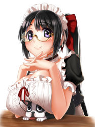 Rule 34 | 1girl, black hair, blue eyes, bow, breast smother, breasts, dog, face to breasts, glasses, hair bow, large breasts, long hair, looking at viewer, maid, mole, mole under eye, original, own hands clasped, own hands together, ponytail, semi-rimless eyewear, smile, solo, table, takebi, under-rim eyewear