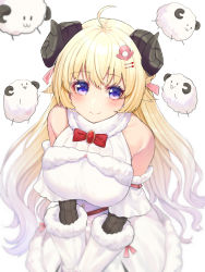 Rule 34 | 1girl, ahoge, animal, bare shoulders, blonde hair, blush, breasts, commentary request, detached sleeves, dress, from above, fur collar, fur trim, gem, hair ornament, hair ribbon, hairclip, highres, hololive, horns, large breasts, long hair, looking at viewer, mikan (chipstar182), pink ribbon, purple eyes, red neckwear, red ribbon, ribbon, sheep, sheep girl, sheep horns, simple background, sleeveless, sleeveless dress, smile, solo, tsunomaki watame, tsunomaki watame (1st costume), virtual youtuber, white background, white dress