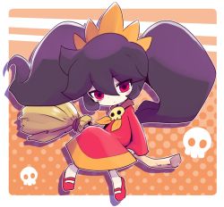 Rule 34 | 1girl, ashley (warioware), blush, border, broom, broom riding, dress, female focus, halftone, halftone background, looking at viewer, nintendo, nollety, orange background, red dress, red eyes, red footwear, shoes, sidesaddle, sitting, skull, solo, twintails, warioware, white border