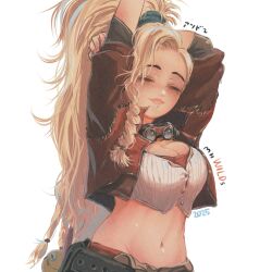 Rule 34 | belt, blonde hair, braid, breasts, cleavage, crop top, cropped jacket, freckles, gemma (monster hunter wilds), goggles, goggles around neck, hair ornament, hair scrunchie, highres, jacket, large breasts, leather, leather jacket, lips, long hair, midriff, monster hunter (series), monster hunter wilds, navel, open clothes, open jacket, panties, panty peek, scrunchie, side braid, simple background, stretching, und2, underwear, white background