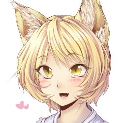 Rule 34 | 1girl, :3, animal ears, bad id, bad pixiv id, blonde hair, blush, close-up, fangs, female focus, fox ears, geppewi, heart, no headwear, open mouth, short hair, simple background, slit pupils, smile, solo, touhou, upper body, yakumo ran, yellow eyes