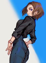Rule 34 | 1girl, animification, black shirt, blue eyes, breasts, brown hair, collared shirt, denim, forehead, from behind, hair behind ear, hand on own hip, highres, jeans, jimbobox, looking down, medium breasts, mole, mole under eye, pants, parted lips, samsung, samsung sam, shirt, shirt tucked in, short hair, smile, solo, watch, wristwatch