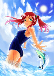 Rule 34 | 1girl, bad id, bad pixiv id, fish, green eyes, lakuhito, one-piece swimsuit, original, red hair, school swimsuit, solo, swimsuit, twintails, wet
