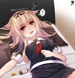 Rule 34 | 1girl, ?, absurdres, black ribbon, blonde hair, blush, breasts, cold pack, hair flaps, hair ornament, hair ribbon, hairclip, hibiki (zerocodo), highres, kantai collection, long hair, lying, medium breasts, messy hair, on back, on bed, open mouth, pillow, pleated skirt, red eyes, ribbon, school uniform, serafuku, skirt, solo, straight hair, translation request, yuudachi (kancolle)
