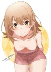 Rule 34 | 1girl, absurdres, arms behind back, bare shoulders, blonde hair, blush, breasts, breasts apart, closed mouth, collarbone, cowboy shot, downblouse, dress, happy birthday, highres, isshiki iroha, jksfs, leaning forward, light smile, looking at viewer, medium hair, pink dress, short dress, sleeveless, sleeveless dress, small breasts, solo, strapless, strapless dress, yahari ore no seishun lovecome wa machigatteiru., yellow eyes