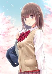 Rule 34 | 1girl, bad id, bad pixiv id, bag, blouse, blush, bow, bowtie, breasts, brown eyes, brown hair, cardigan vest, cherry blossoms, chikuwa (glossymmmk), chikuwa (odennabe), closed mouth, day, holding, holding bag, long sleeves, looking at viewer, medium breasts, original, outdoors, petals, plaid, plaid skirt, pleated skirt, red bow, red bowtie, red skirt, school bag, shirt, skirt, smile, solo, spring (season), sweater vest, uniform, upper body, white shirt