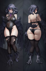 Rule 34 | 1girl, animal hands, ass, bags under eyes, bare shoulders, bird legs, bird tail, black feathers, black hair, black leggings, black panties, black wings, blush, breasts, bright pupils, butt crack, covered navel, crescent moon, cuddly octopus, dakimakura (medium), feathers, harpy, large breasts, leggings, long hair, looking at viewer, monster girl, moon, original, panties, phanpix, pregnant, red eyes, solo, tail, talons, torn clothes, torn leggings, underwear, white pupils, winged arms, wings