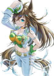 Rule 34 | 1girl, absurdres, adjusting clothes, adjusting headwear, ahoge, animal ears, arm up, breasts, brown hair, choker, cleavage, collarbone, commentary, crop top, cropped jacket, cropped legs, epaulettes, green eyes, green shirt, groin, hair between eyes, hair ornament, hairclip, hand on own hip, hat, highres, horse ears, horse girl, horse tail, jacket, long hair, long sleeves, looking at viewer, medium breasts, midriff, mini hat, mini top hat, mr. c.b. (umamusume), navel, one eye closed, othello katze, pants, parted lips, shirt, sidelocks, simple background, single bare shoulder, single epaulette, single sleeve, sleeve cuffs, smile, solo, standing, strapless, strapless shirt, tail, top hat, umamusume, white background, white pants, yellow choker