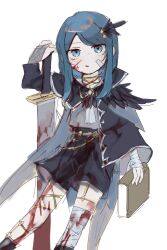 Rule 34 | 1other, alternate costume, bandaged arm, bandaged leg, bandages, black cape, black feathers, black shorts, black socks, blood, blood on clothes, blood on face, bloody weapon, blue eyes, blue hair, book, cape, feather hair ornament, feathers, hair ornament, highres, holding, holding book, holding sword, holding weapon, jewelry, legwear garter, library of ruina, looking at viewer, pale skin, porccu 200g, project moon, ring, shorts, socks, sword, the bookhunter, weapon, white background