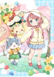 Rule 34 | &gt; &lt;, 1girl, :3, absurdres, ankle socks, apple, arm up, backpack, bag, bento, blush, bow, braid, buttons, cardigan, cat, cherry blossoms, child, chocolate, closed mouth, collared shirt, egg (food), flower, food, food art, footwear bow, fruit, green eyes, hacosumi, hamster, hanami, hand on headwear, hat, hat bow, hat ribbon, highres, holding hands, lace trim, long sleeves, looking at another, looking to the side, mary janes, messenger bag, neck ribbon, onigiri, original, outdoors, patch, pink hair, plaid, plaid skirt, pleated skirt, polka dot, polka dot legwear, ribbed sweater, ribbon, sandwich, seams, shirt, shoes, short hair, shorts, shoulder bag, single braid, skirt, sleeves past wrists, smile, socks, solo, stuffed animal, stuffed cat, stuffed toy, suspenders, sweater, t-shirt, tako-san wiener, thermos, walking