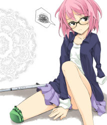 Rule 34 | 1girl, amputee, angry, bad id, bad pixiv id, blush, character request, crutch, glasses, instrument, ogami kazuki, original, pink hair, short hair, sitting, skirt, solo, spoken squiggle, squiggle