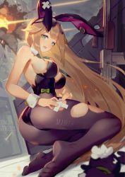 Rule 34 | 1girl, absurdres, animal ears, ass, back, backless outfit, bare arms, bare back, black leotard, blonde hair, blush, bow, breasts, detached sleeves, eyewear on head, fake animal ears, furrowed brow, girls&#039; frontline, green eyes, hair between eyes, half-closed eyes, helic (7317helic), highleg, highleg leotard, highres, kneeling, large breasts, leotard, long hair, looking at viewer, m1918 (bunny girl) (girls&#039; frontline), m1918 (girls&#039; frontline), necktie, no shoes, official alternate costume, open mouth, pantyhose, playboy bunny, rabbit ears, sideboob, solo, strapless, strapless leotard, sunglasses, toes, torn clothes, torn leotard, torn pantyhose, very long hair, wrist cuffs