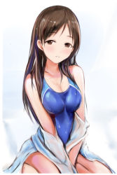 Rule 34 | 1girl, blue one-piece swimsuit, blush, breasts, brown eyes, brown hair, cleavage, collarbone, competition swimsuit, idolmaster, idolmaster cinderella girls, long hair, looking at viewer, medium breasts, nannacy7, nitta minami, one-piece swimsuit, parted bangs, parted lips, sitting, solo, straight hair, swimsuit, very long hair, white background