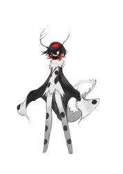 Rule 34 | absurdres, antennae, black cape, black collar, cape, collar, colored sclera, full body, highres, kamikiririp, monster, original, red sclera, solo, spiked collar, spikes, standing, white background, white eyes, white fur
