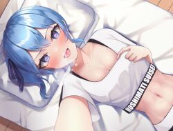 Rule 34 | 1girl, :d, blue eyes, blue hair, blush, breasts, character name, cleavage, clothes pull, commentary request, cropped shirt, from above, hair between eyes, hair ribbon, head on pillow, heart, heart-shaped pupils, heavy breathing, hololive, hololive dance practice uniform, hoshimachi suisei, in heat, indoors, long hair, looking at viewer, lying, midriff, navel, official alternate costume, on back, on bed, open mouth, pulled by self, ribbon, shachihoko (syatihokomaru), shirt, shirt pull, short sleeves, side ponytail, small breasts, smile, solo, symbol-shaped pupils, teasing, virtual youtuber, white shirt