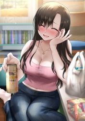Rule 34 | 1girl, ^ ^, abe hikaru, alcohol, beer, beer can, blush, breasts, brown hair, buttons, can, cleavage, closed eyes, denim, drink can, drunk, full body, hikaru (gevp7588), holding, holding can, jeans, jewelry, kneeling, large breasts, long hair, midriff, mole, mole under eye, nail polish, navel, necklace, open mouth, original, pants, pink shirt, shirt, smile, solo