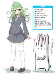 Rule 34 | 1girl, :x, artist self-insert, breasts, brown eyes, character profile, commentary request, crossed arms, curly hair, goma (gomasamune), green hair, hair between eyes, highres, long hair, long sleeves, original, pleated skirt, rabbit, school uniform, shadow, skirt, small breasts, standing, thighhighs, translation request, white background, white thighhighs, zettai ryouiki