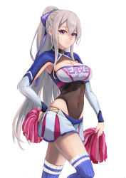 Rule 34 | 1girl, absurdres, armpit cutout, armpits, azur lane, blue thighhighs, bow, braid, breasts, brown leotard, casablanca (azur lane), casablanca (cheer squad on break) (azur lane), cheerleader, cleavage, cleavage cutout, clothing cutout, commentary, covered collarbone, covered navel, cowboy shot, crop top, french braid, hair between eyes, hair bow, hand on own hip, high ponytail, highres, holding, holding pom poms, large breasts, leotard, leotard under clothes, long hair, long sleeves, looking at viewer, midriff, miniskirt, pleated skirt, pom pom (cheerleading), pom poms, purple bow, purple eyes, ribbed legwear, sidelocks, silver hair, simple background, skirt, smile, solo, standing, taut clothes, thighhighs, two-tone skirt, vincent ky, white background, white skirt, zettai ryouiki