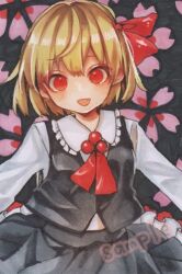 Rule 34 | 1girl, ascot, black vest, blonde hair, darkness, hair ribbon, marker (medium), monji (monzi328), open mouth, outstretched arms, red ascot, red eyes, red ribbon, ribbon, rumia, sharp teeth, short hair, skirt, skirt set, solo, spread arms, teeth, touhou, traditional media, vest