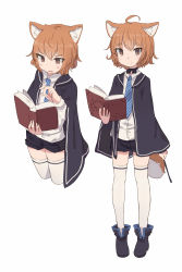 Rule 34 | 1girl, ahoge, animal ear fluff, animal ears, blue necktie, book, boots, brown eyes, brown hair, cape, cropped legs, dog ears, dog tail, fang, hexagram, highres, holding, holding book, looking at viewer, magic circle, multiple views, neck ribbon, necktie, open book, open mouth, original, reading, ribbon, shiba inu, shirt, shone, short hair, short shorts, shorts, simple background, smile, star of david, striped necktie, striped neckwear, tail, thighhighs, wand, white background, white shirt, white thighhighs, zettai ryouiki