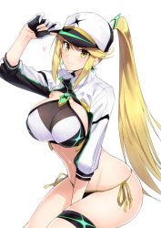 Rule 34 | 1girl, absurdres, adapted costume, artoria pendragon (fate), baseball cap, bikini, black bikini, blonde hair, blush, breasts, cleavage, closed mouth, cosplay, cropped jacket, earrings, fate/grand order, fate (series), gloves, halcon, hat, highres, jacket, jewelry, large breasts, long hair, looking at viewer, mysterious heroine xx (fate), mysterious heroine xx (fate) (cosplay), mythra (xenoblade), navel, nintendo, ponytail, shrug (clothing), side-tie bikini bottom, sidelocks, simple background, sitting, skindentation, smile, solo, string bikini, swept bangs, swimsuit, thigh strap, thighs, very long hair, white background, white hat, white jacket, xenoblade chronicles (series), xenoblade chronicles 2, yellow eyes
