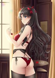 Rule 34 | 1girl, absurdres, aqua eyes, artist name, ass, black garter belt, black hair, black thighhighs, bra, breasts, chair, commentary, curtains, day, english commentary, fate/stay night, fate (series), from side, garter belt, gem, hair ribbon, hand up, highres, holding, holding gem, holding jewelry, holding necklace, jewelry, lens flare, lingerie, long hair, looking ahead, necklace, panties, parted lips, pendant, red bra, red panties, red ribbon, ribbon, ryuuneart, side-tie panties, sidelocks, solo, sunlight, table, thighhighs, tohsaka rin, two side up, underwear, underwear only, wavy hair, window