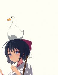 Rule 34 | 1girl, animal, animal on head, bird, bird on head, black hair, blue eyes, bow, character request, commentary, copyright request, duck, gohei, hair bow, highres, koyuki ekaki, looking at viewer, on head, open mouth, red bow, short hair, simple background, symbol-only commentary, upper body, virtual youtuber, white background