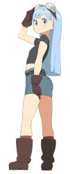 Rule 34 | 1girl, accio, airy (accho), blue eyes, blue hair, blush, boots, breasts, denim, denim skirt, gloves, goggles, long hair, looking back, matching hair/eyes, original, skirt, small breasts, smile, solo, standing, white background