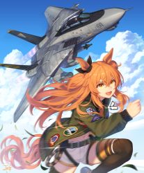 Rule 34 | 1girl, absurdres, aircraft, airplane, animal ears, baek hyang, belt, black footwear, black ribbon, black thighhighs, blue sky, bow, brown ribbon, clenched hands, cloud, commentary, cowboy shot, crop top, day, dog tags, ear ribbon, f-14, fighter jet, glint, green belt, green jacket, groin, hair between eyes, highres, horse ears, horse girl, horse tail, huge filesize, jacket, jet, long hair, long sleeves, mayano top gun (umamusume), midriff, military, military vehicle, motion blur, navel, open clothes, open jacket, open mouth, orange hair, ribbon, running, shirt, shoes, short shorts, shorts, sidelocks, signature, sky, solo focus, tail, teeth, thighhighs, two side up, umamusume, upper teeth only, vehicle focus, white shorts, yellow shirt
