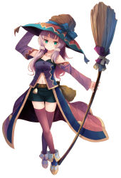Rule 34 | 1girl, belt, blue footwear, blush, broom, clothing cutout, detached sleeves, green eyes, hat, holding, holding broom, komone ushio, long hair, long sleeves, navel, navel cutout, original, pink hair, red thighhighs, sack, shoes, short shorts, shorts, simple background, smile, solo, stomach, thighhighs, white background, witch hat