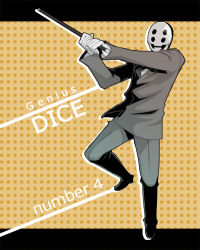 Rule 34 | 1boy, arms up, black footwear, black jacket, black necktie, black pants, character name, dharu riser, dice (dharu riser), english text, facing viewer, formal, gloves, grey shirt, holding, holding wand, jacket, legs apart, letterboxed, long sleeves, lowres, male focus, mask, necktie, orange background, outside border, outstretched arm, own hands together, pants, polka dot, polka dot background, shirt, shoes, solo, suit, uematsu, wand, white gloves