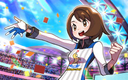 Rule 34 | 1girl, :d, = (9 yawbus), audience, breasts, brown eyes, brown hair, clenched hand, cloud, collared shirt, commentary request, confetti, creatures (company), day, dynamax band, eyelashes, game freak, gloria (pokemon), gloves, gym challenge uniform, happy, highres, nintendo, open mouth, outdoors, partially fingerless gloves, pokemon, pokemon swsh, shirt, short hair, single glove, sky, small breasts, smile, stadium, teeth, upper teeth only