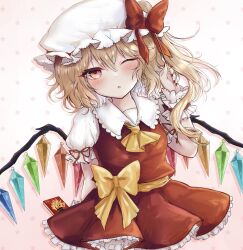 Rule 34 | 1girl, ascot, blush, bow, breasts, cowboy shot, crystal, dutch angle, flandre scarlet, food, frilled shirt collar, frilled skirt, frilled sleeves, frills, hair between eyes, hat, hat bow, hat ribbon, highres, holding, holding food, holding pocky, large bow, long hair, looking at viewer, mob cap, multicolored wings, nail polish, one eye closed, one side up, open mouth, pink eyes, pocky, pocky day, puffy short sleeves, puffy sleeves, red bow, red nails, red ribbon, red skirt, red vest, ribbon, shirt, short sleeves, simple background, skirt, skirt set, sleeve ribbon, small breasts, solo, star (symbol), touhou, vest, waist bow, white background, white hat, white shirt, wings, wrist cuffs, yellow ascot, yellow bow, yuma (yuuma pants)