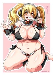 Rule 34 | 1girl, ankle cuffs, bikini, blonde hair, blush, bow, bowtie, breasts, cleavage, collarbone, covered erect nipples, food, food on face, frills, headphones, huge breasts, kneeling, large breasts, licking, long hair, looking at viewer, melting, navel, nitroplus, open mouth, orange eyes, pink background, plump, popsicle, ribbon, sexually suggestive, shiny skin, side-tie bikini bottom, sideboob, sitting, smile, solo, super pochaco, swimsuit, takatsuki ichi, thick thighs, thighs, tongue, tongue out, twintails, two-tone background, underboob, white background, wide hips, wrist cuffs