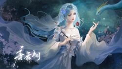 Rule 34 | 1girl, absurdres, bare shoulders, bird, blue hair, branch, butterfly hair ornament, douluo dalu, dress, earrings, hair ornament, hand up, highres, holding, holding branch, jewelry, jiang ci dian ban xia, long hair, long sleeves, looking up, necklace, phoenix, sash, solo, tang wutong (douluo dalu), upper body, veil, white dress