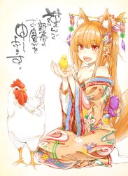 Rule 34 | 1girl, :d, akagane u, animal ears, bare shoulders, bird, blush, breasts, chick, chicken, chinese zodiac, cleavage, collarbone, floral print, flower, fox ears, fox tail, hair flower, hair ornament, hair stick, highres, japanese clothes, kimono, long hair, long sleeves, looking at viewer, medium breasts, nengajou, new year, off shoulder, open mouth, orange hair, original, ponytail, rooster, seiza, sitting, smile, tabi, tail, translation request, wide sleeves, year of the rooster
