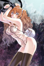 Rule 34 | 1girl, animal ears, armpits, arms up, ass, black thighhighs, blush, bound, bound wrists, breasts, chained wrists, cleavage, covered navel, fake animal ears, floral background, highres, idolmaster, idolmaster cinderella girls, large breasts, leaning forward, leotard, long hair, looking at viewer, meme attire, moroboshi kirari, nipples, orange hair, playboy bunny, rabbit ears, rabbit tail, skin tight, solo, sweatdrop, tail, takanashi ringo, tears, thighhighs, translucent bunnysuit, twintails, very long hair, wavy hair