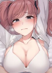 Rule 34 | 1girl, absurdres, atlanta (kancolle), bed sheet, blush, bra, breasts, brown hair, cleavage, collarbone, collared shirt, earrings, grey eyes, handsfree paizuri, highres, jewelry, kantai collection, kiritto, large breasts, long hair, lying, on back, open mouth, paizuri, paizuri under clothes, shirt, single earring, solo, star (symbol), star earrings, straddling, straddling paizuri, two side up, underwear, upper body, white bra, white shirt