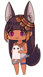 Rule 34 | &gt;o&lt;, 1girl, :3, absurdres, animal ears, bare arms, bare shoulders, barefoot, brown hair, chibi, closed mouth, clothes lift, dark-skinned female, dark skin, dress, dress lift, egyptian, egyptian clothes, full body, highres, holding, long hair, looking at viewer, medjed (mythology), original, purple eyes, simple background, sleeveless, sleeveless dress, slit pupils, standing, surio, tail, teardrop, thigh strap, very long hair, white background, white dress