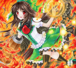 Rule 34 | 1girl, 6kusa, acrylic paint (medium), arm cannon, black thighhighs, black wings, blush, bow, brown hair, female focus, fire, hair bow, long hair, open mouth, painting (medium), red eyes, reiuji utsuho, skirt, solo, thighhighs, third eye, touhou, traditional media, weapon, wings