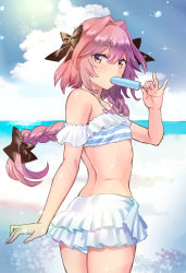 Rule 34 | 1boy, ass, astolfo (fate), astolfo (sparkling frills) (fate), bare shoulders, bikini, bikini skirt, black bow, blue sky, bow, braid, cloud, cloudy sky, commentary request, day, fate/grand order, fate (series), food, frills, from behind, hair between eyes, hair bow, hair intakes, hair ribbon, in mouth, long hair, looking at viewer, male focus, multicolored hair, off-shoulder bikini, off shoulder, official alternate costume, ooshima aki, open mouth, outdoors, pink bow, pink hair, popsicle, purple eyes, ribbon, single braid, sky, smile, solo, standing, streaked hair, striped bikini, striped clothes, sun, swimsuit, trap