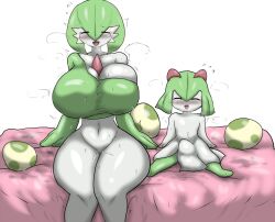 Rule 34 | 1boy, 1girl, aftersex, ass, bed, breasts, creatures (company), egg, enigi09, game freak, gardevoir, gen 3 pokemon, heart, highres, huge ass, huge breasts, kirlia, monster boy, monster girl, nintendo, on bed, pokemon, simple background, sitting, size difference, speech bubble, sweat, white background
