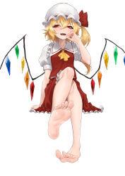 Rule 34 | 1girl, absurdres, bare legs, barefoot, blonde hair, crystal, feet, flandre scarlet, hat, hat ribbon, highres, looking at viewer, medium hair, mob cap, morinosuke, no shoes, open mouth, puffy short sleeves, puffy sleeves, red eyes, red skirt, red vest, ribbon, short sleeves, side ponytail, skirt, soles, toes, touhou, vest, white background, white hat, wings