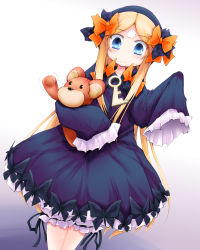 Rule 34 | 1girl, abigail williams (fate), anbee (arary), blonde hair, bloomers, blue eyes, blue hairband, blush, bow, bug, butterfly, closed mouth, dress, dutch angle, facial mark, fate/grand order, fate (series), female focus, forehead mark, gradient background, hair bow, hairband, hands up, have to pee, highres, holding, insect, key, legs together, long hair, long sleeves, orange bow, polka dot, polka dot bow, purple bow, purple dress, simple background, sleeves past fingers, sleeves past wrists, solo, standing, stuffed animal, stuffed toy, sweat, teddy bear, trembling, underwear, very long hair, white background, white bloomers